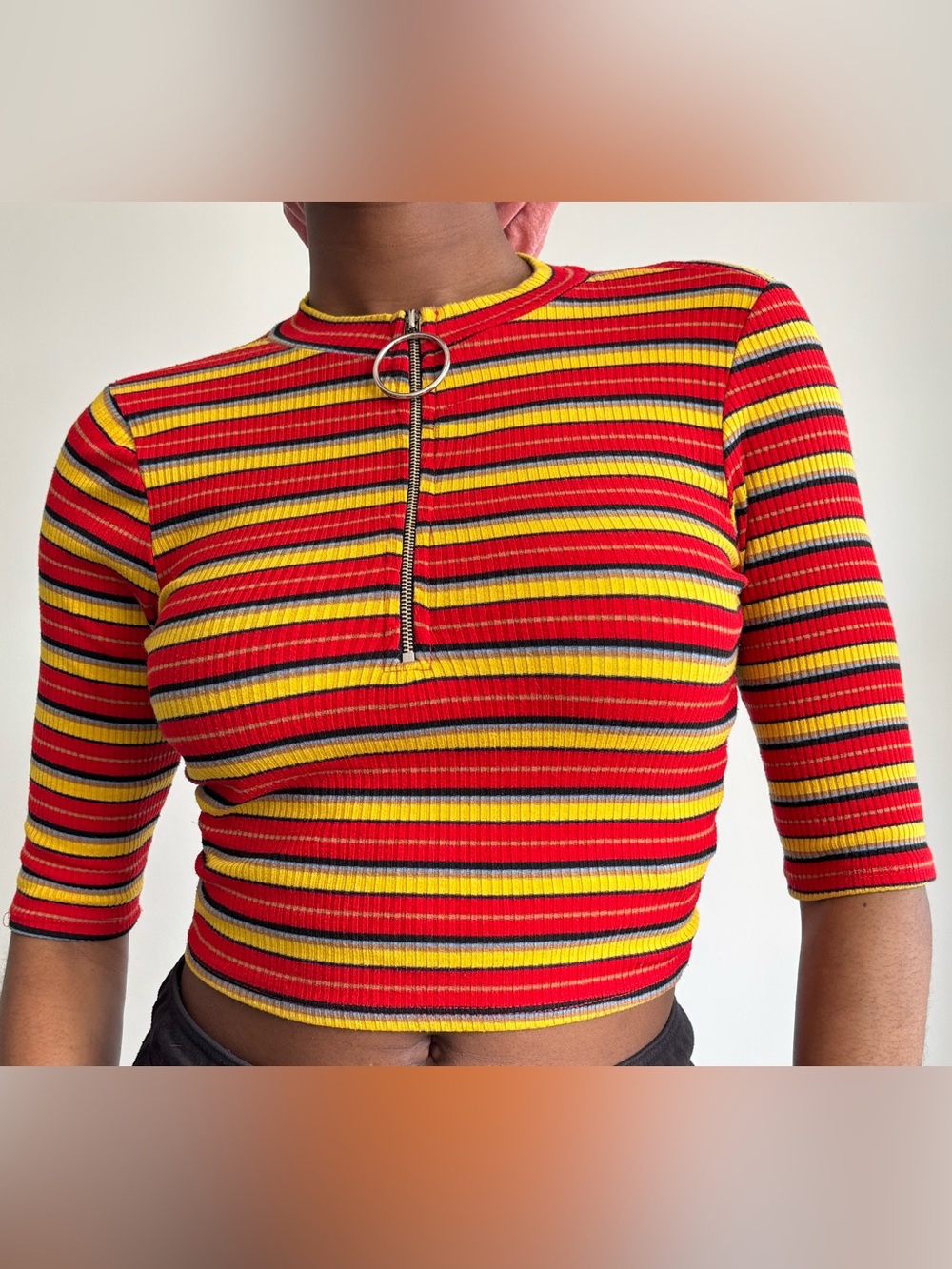 Striped Ribbed Half-Zip Crop Top - Red/Yellow